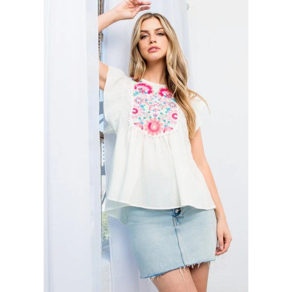 Floral Embroidered White Top